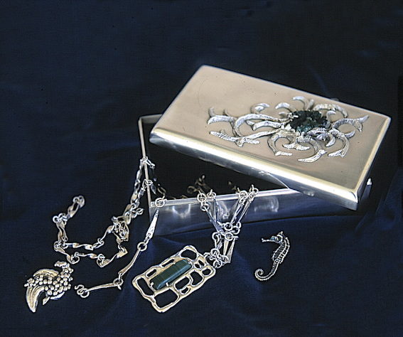 Sterling silver box with pendants, student work 1972.