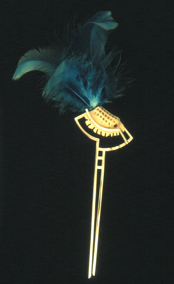 Sea Creature, hairpin, sterling silver, ceramic, feathers, 1982.