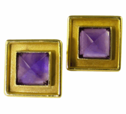 <em>Voluptuousness - Homage to Klimt, </em>earrings, 18ct gold, amethyst, clip fittings, 2.0 x 2.0 x 1.2cm, no 0924.