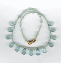 <em>Conospermum cerulean - Blue smokebush - Wildflower Collection,</em> 73.25 cts polished aquamarine tip drilled drops with round aqua. beads and amazonite rectangular beads, 18ct gold S catch, 41.5cm long, no 1371.