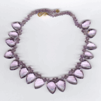 <em>Grand Duchess, </em>197 cts pink amethyst facetted shield shaped drops with button beads and 18ct gold S catch, 39cm long, no 1370.