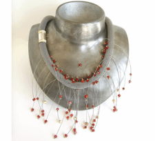<em>Diplolaena angustfolia - Yanchep Rose - Wildflower Collection,</em> necklace, sterling silver, 18ct gold, carnelian, gold-plated silver beads, steel cable and mesh, 40 x 25 x 3cm, no 1460.