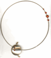 <em>Dawn Call - Communications Series, </em>Neckring & brooch, sterling silver, 18ct gold, carnelian, 20 x 24 x 10cm, no 0583.