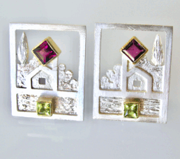 <em>Streetscapes V - Homage to Klimt, </em>earrings, sterling silver, 18ct gold, facetted peridot and rhodalite, butterfly fittings, 2.2 x 1.7 x 1.5cm, no 1324b.