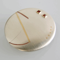 <em>Moon Landing - Communications Series,</em> brooch, sterling silver, 18ct gold, copper, garnets, 4.5cm diameter x 0.7cm, no 0587.