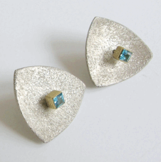 <em>Topaz studs + shield, </em>earrings, Blue topaz square facetted studs, 18ct gold, sterling silver backplate, butterfly fittings, 2.2 x 2.2 x 1.7cm, no 1108.