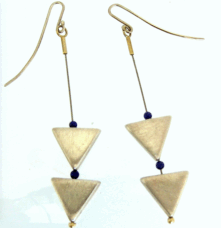 <em>Triangles, </em>earrings, sterling silver, lapis lazuli, steel, 8.5 x 1.6 x 2.2cm, no 1192.
