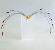 <em>Anigozanthus rufus - Wildflower Collection, </em>pectoral piece, 18ct gold, rhodalite garnet, stainless steel cable on acrylic stand, 5 x 30 x 0.8cm, no 0757a.