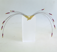 <em>Anigozanthus rufus - Wildflower Collection, </em>pectoral piece, 18ct gold, rhodalite garnet, stainless steel cable on acrylic stand, 5 x 30 x 0.8cm, no 0757a.