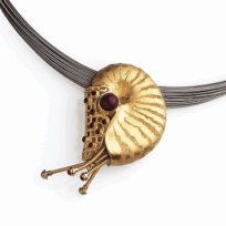 <em>Ruby Nautilus - Seashore Collection, </em>Brooch/pendant, 18ct gold, ruby, no 0622d, on stainless-steel multistrand neckring with 18ct gold Gathman no 6 85/418/e, 15 x 19.5 x 1.5cm, no 0622d.