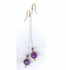 <em>Amethyst Drop, </em>earrings, amethyst, 18ct gold, 14ct gold bead, steel cable, 11.0 x 1.2 x 1.2cm, no 0770d.