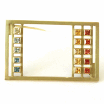 <em>Klimt’s Garden - Homage to Klimt, brooch,</em> 18ct gold rectangle set with 15 multi-coloured sapphires, 2.5 x 4.0 x 0.7cm, no 0881.
