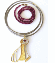 <em>Adele Bloch-Bauer II - Homage to Klimt,</em> Pendant, 18ct yellow gold, rhodalite, 24ct gold & silver doublé on 7-strand large neckring or strand of rubellite beads, 17 x 13 x 0.6cm, no 0980.