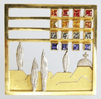 <em>Kirche in Cassone I - Homage to Klimt,</em> brooch, 18ct white and yellow gold, st. sil.,16 multi-coloured sapphires, 3.0 x 3.0 x 0.5cm, no 0930.
