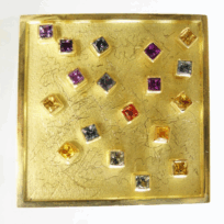 <em>Abstract Kirche in Cassone - Homage to Klimt,</em> brooch/pendant, 18ct gold, 18 multi-coloured sapphires, 3.0 x 3.0 x 0.7cm on Gathman flat 18ct gold neckring no 1, no 0932b.