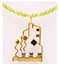 <em>Kirche in Cassone - Homage to Klimt, </em>Pendant, 18ct white and yellow gold, spinel, tourmaline, iolite, citrine, orange citrine, 3.0 x 5.0 x 0.8cm, on peridot bead necklace, no 0965.