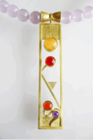 <em>Nuda Veritas II - Homage to Klimt, </em>Necklace, 18ct gold, carnelian, amethyst and moonstone on fluorite and 18ct beads, 13 x 22 x 1.0cm, no 0998b.