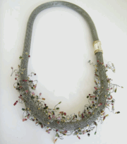 <em>Grevillea paradoxa - Wildflower Collection, </em>necklace, sterling silver, 18ct gold, steel mesh and cable, tourmaline, rhodalite, gold-plated beads, 35 x 15 x 5.0cm, no 1461.