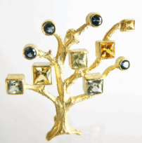 <em>Birnbaum III - Homage to Klimt, </em>brooch/pendant, 18ct yellow gold, 2.98 cts yellow, green and blue sapphires, 3.5 x 3.5 x 0.8cm, with Gathman fine multistrand 18ct gold cable 11, no 0997.