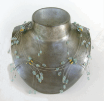 <em>Brunonia australis - Native cornflower - Wildflower Collection, </em>necklace, steel cable, aquamarine, sterling silver and 24ct gold doublé, gold-plated silver beads, 30 x 30 x 2mm, no 1459.