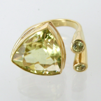 <em>Diuris setacea - Bristly Donkey Orchid - Wildflower Collection,</em> ring, lemon quartz trillion, d/wd green sapphires, 18ct gold, size M-N, no 1389.