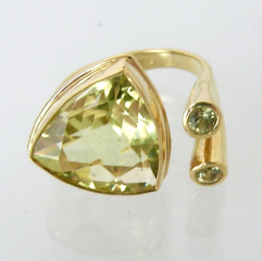 <em>Diuris setacea - Bristly Donkey Orchid - Wildflower Collection,</em> ring, lemon quartz trillion, d/wd green sapphires, 18ct gold, size M-N, no 1389.