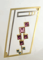 <em>A Naturalist’s Life: Rica Erickson,</em> brooch, 18ct white and yellow gold, pink and green tourmaline, rhodalite garnet, 5.0 x 3.0 x 0.7cm, no 1454.