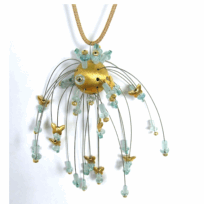 <em>Trachymene pilosa – Laceflower Ball - Wildflower Collection, </em>pendant, gold-plated silver balls, aquamarine, apatite, steel cable, 12x 12 x 12cm, no 1467 on goldplated silver cable necklace 110 long, no 1014/c .